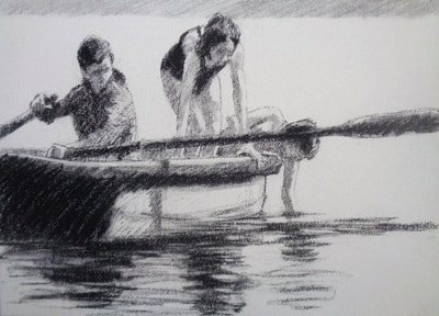 LEAVING THE BOAT charcoal 55 x 77 cms £700 (framed)